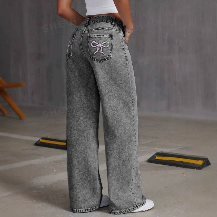 Women's Vintage Embroidered Jeans Straight Loose Trousers